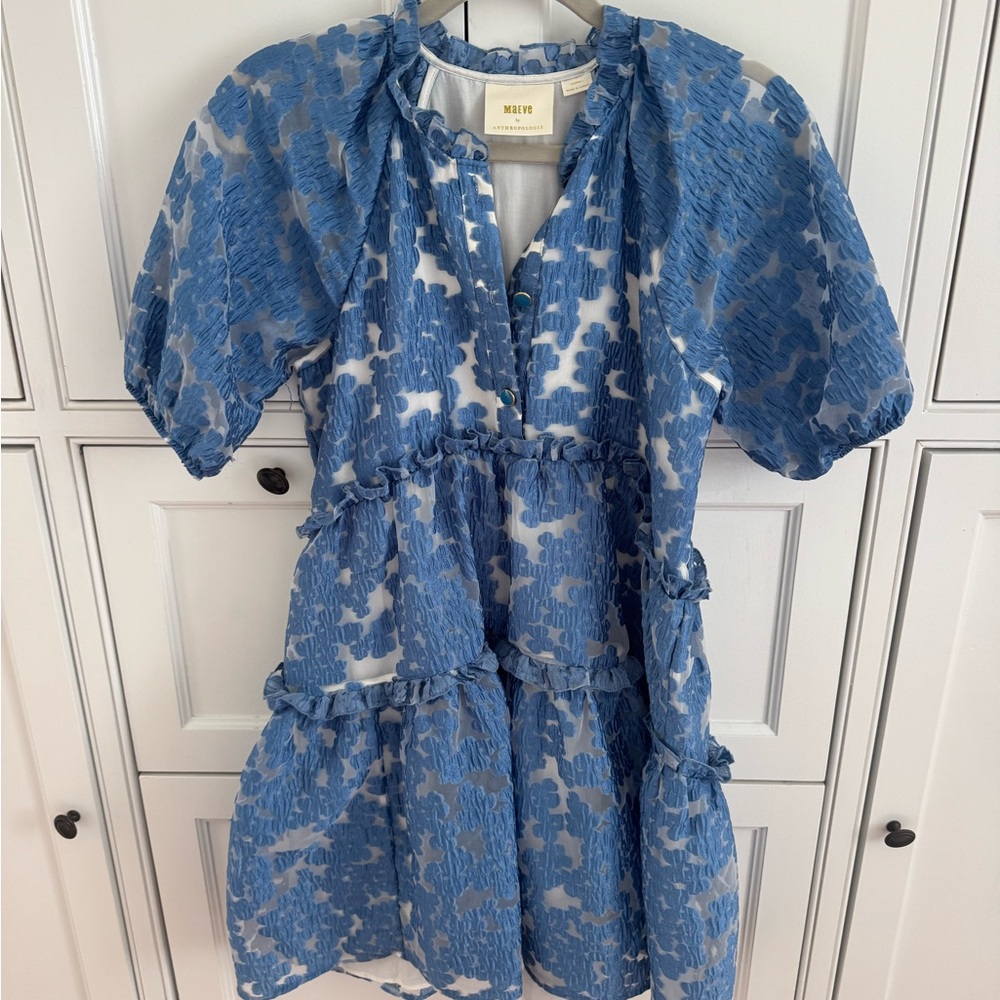 Anthropologie Blue and White Puff Sleeve Sundress
